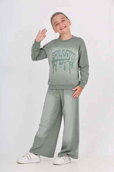 Kız Çocuk 2'li Takım Eskitme Baskılı Bisiklet Yaka Sweatshirt & Beli Lastikli Cepli Bol Paça Eşofman Altı - 2 İplik - Resim 11