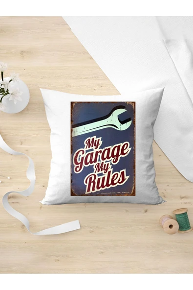 Panorama Ajans Retro Tarz Severlere My Garage My Rules Tasarım Oda Dekoru Arkadaşa Kişiye Hediyelik Yastık Kılıfı ürün görseli
