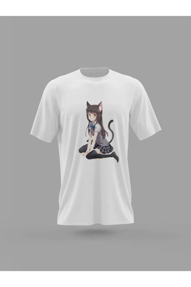 Panorama Ajans Mini Etek Kedi Kız Cat Girl Kız Arkadaşa Hediye Baskılı T-shirt