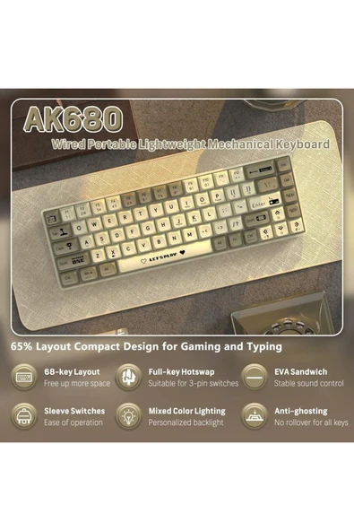 ATAsoft ELEKTRONİK Since 2021 Ak680 65% Kablolu Hot-swap Kablolu Mekanik 68 Tuşlu Oyuncu Gaming Klavye Gri Renk - 4