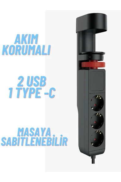 ATAsoft ELEKTRONİK Since 2021 Akım Korumalı Priz Masa Kenarı Ayarlanabilir 3 Priz 2 Usb 1 Type C Güç Düğmeli Girişli Priz Ftr19