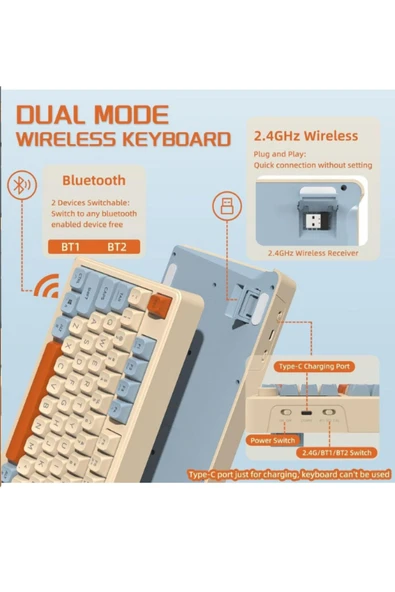 ATAsoft ELEKTRONİK Since 2021 M96 Klavye Bluetooth/2.4g Kablosuz Klavye Işıklı Usb Type-c Kablolu Şarj Gösterge Panelli - 4