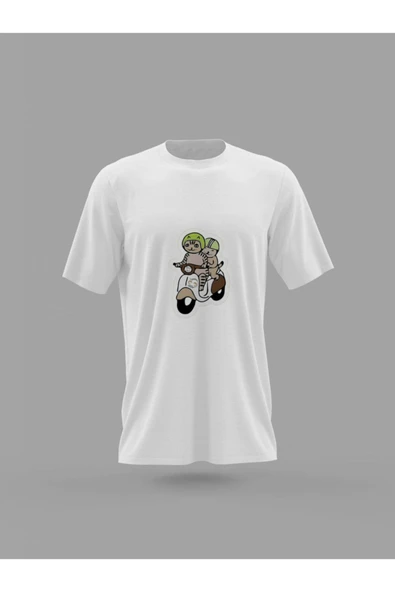 Panorama Ajans Unisex Tatlı Kedi Vespa Motorcu Sevgiliye Hediye Baskılı T-shirt - 1