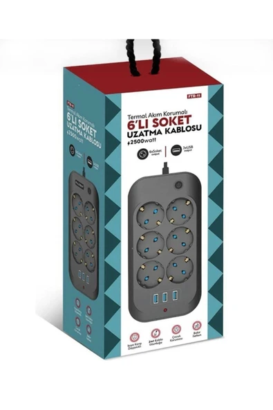 Mi7a Fulltech Termal Akım Korumalı, Çocuk Korumalı, 6'lı 2 Mt Uzatma Kablosu 6 X Priz, 3 X Usb - 2