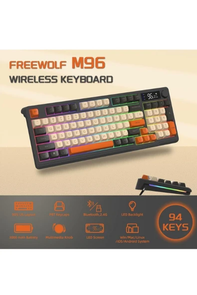 ATAsoft ELEKTRONİK Since 2021 M96 Klavye Bluetooth/2.4g Kablosuz Klavye Işıklı Usb Type-c Kablolu Şarj Gösterge Panelli - 3