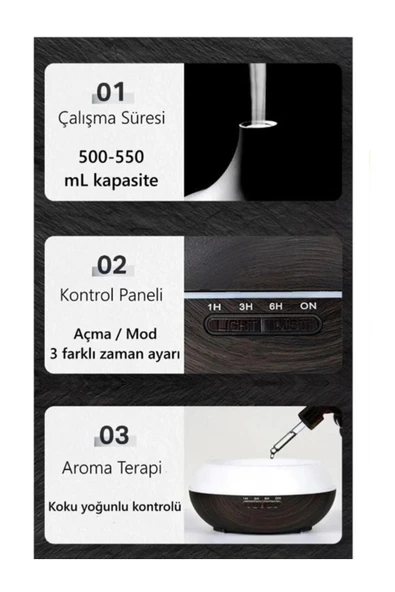 ATAsoft Koyu Kahverengi 7 Led Işıklı Aromatik Oda Kokusu Hava Nemlendirici 550 ml Aroma Difüzörü - 4