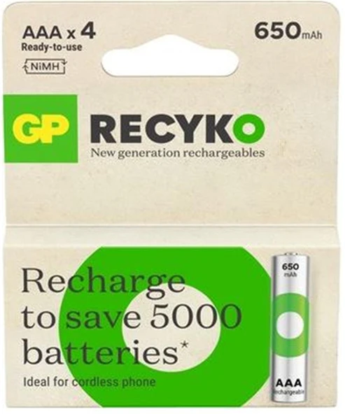 GP AAA 650 mAh Şarjlı İnce Kalem Pil 4'lü Paket GP65AAAHCEM-2GBR4 ürün görseli 1
