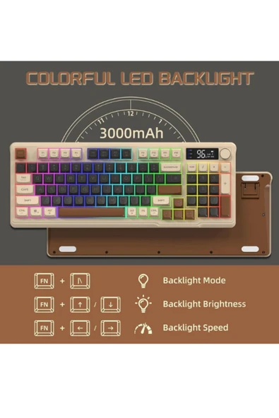 ATAsoft ELEKTRONİK Since 2021 M96 Bluetooth/2.4g Kablosuz Klavye Işıklı Usb Type-c Kablolu Şarj Gösterge Panelli Klavye - 4