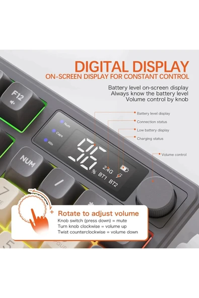 ATAsoft ELEKTRONİK Since 2021 M96 Klavye Bluetooth/2.4g Kablosuz Klavye Işıklı Usb Type-c Kablolu Şarj Gösterge Panelli - 6
