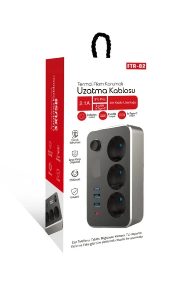 ATAsoft ELEKTRONİK Since 2021 Termal Akım Korumalı Isıya Karşı Dayanıklı 3'lü Priz 3 x USB 2 mt Kablo Ftr-02 - 1