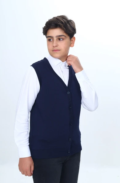 Toontoy Erkek Çocuk V Yaka Düğmeli Triko Okul Yeleği - 3