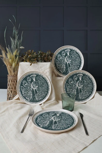 Keramika Tavus Kuşu Nordıc Pasta Tabağı 22 Cm 4 Adet 23137 - Resim 4