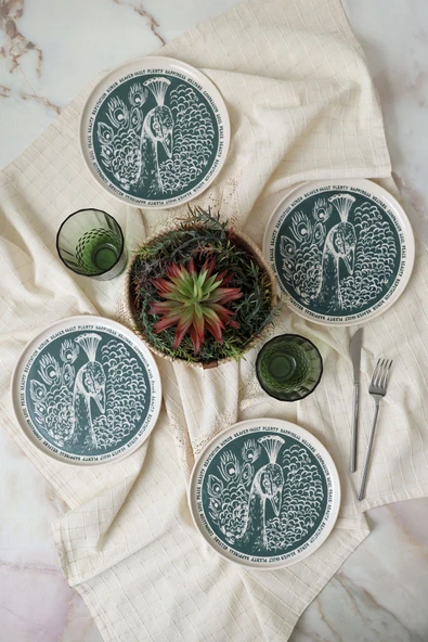 Keramika Tavus Kuşu Nordıc Pasta Tabağı 22 Cm 4 Adet 23137 - Resim 3