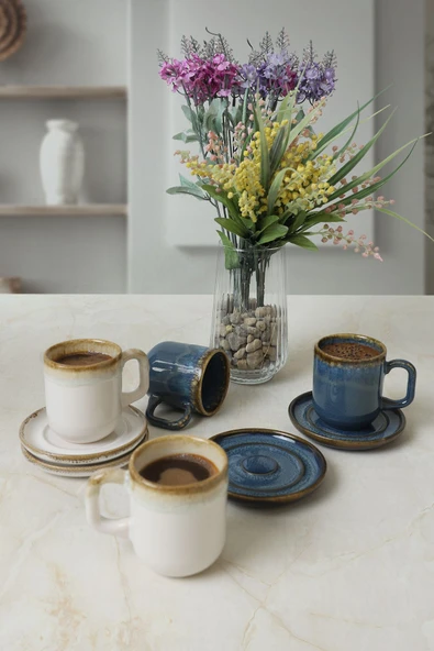 Keramika Shizen Mavi / Krem Formart Kahve Takımı 8 Parça 4 Kişilik Q39-Q44