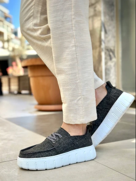 ET0676 Gri Keten Yüksek Taban Erkek Yazlık Ayakkabı - Resim 3