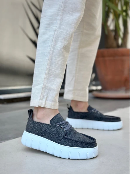 ET0676 Gri Keten Yüksek Taban Erkek Yazlık Ayakkabı - Resim 2