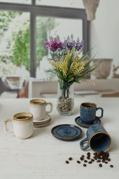 Keramika Shizen Mavi / Krem Formart Kahve Takımı 8 Parça 4 Kişilik Q39-Q44 - 2