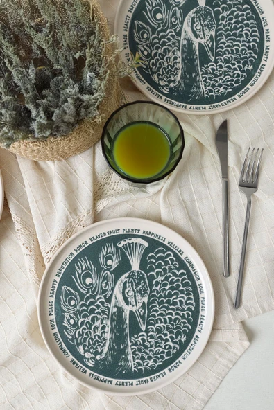 Keramika Tavus Kuşu Nordıc Pasta Tabağı 22 Cm 4 Adet 23137 - Resim 2