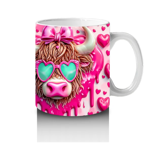 Çocuklara Sütü Sevdiren Kalpli Gözlüklü Pembe Fiyonklu İnek Desenli Kupa Bardak - 4