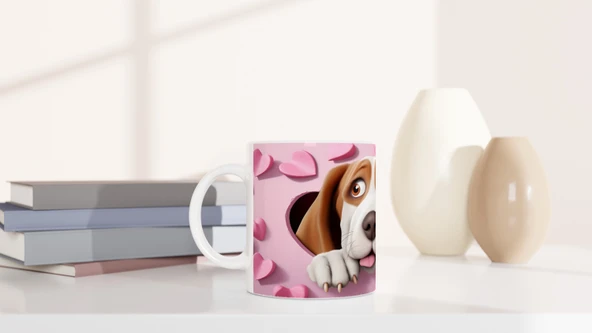 Kalpli Pembe Duvardan Bakan Basset Hound Temalı Baskılı Kupa Bardak - Resim 6