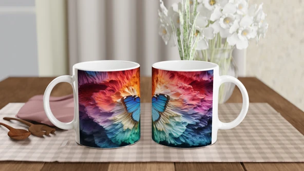 Gökkuşağı Dokusunda Parlayan Mavi Kelebek Baskılı Kupa Bardak - Resim 5