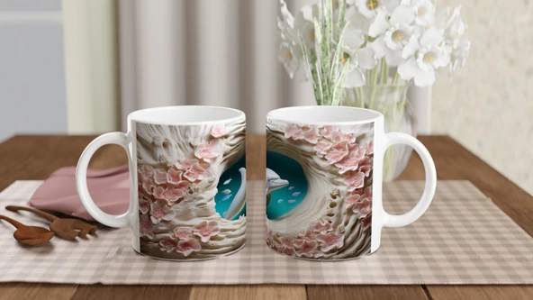 Mercan Çiçekleri Arasında Yüzen Sevimli Yunus Temalı Kupa Bardak - Resim 5