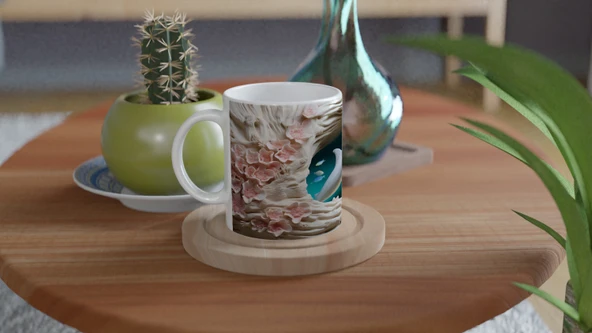 Mercan Çiçekleri Arasında Yüzen Sevimli Yunus Temalı Kupa Bardak - Resim 4