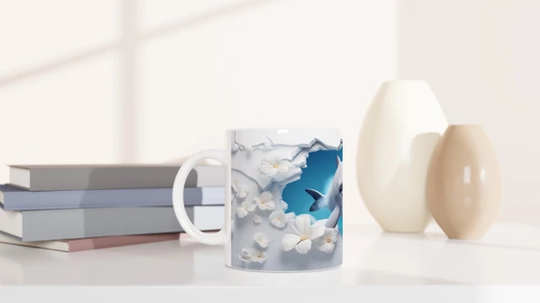 Neşeli Yunus ve Beyaz Çiçekler Su Altı Temalı Kupa Bardak - Resim 6