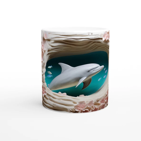 Mercan Çiçekleri Arasında Yüzen Sevimli Yunus Temalı Kupa Bardak ürün görseli 1