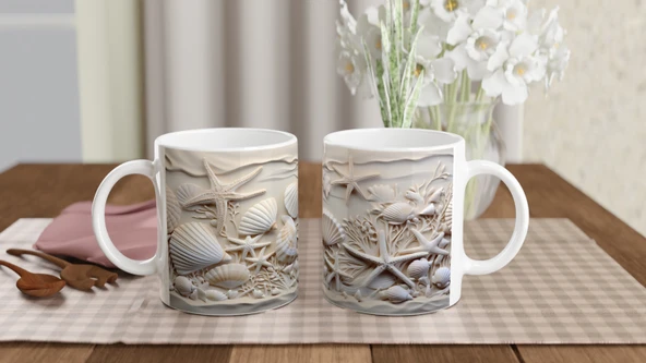 Mercanlar Arasında Deniz Kabuğu ve Yıldızlı Su Altı Temalı Kupa Bardak - Resim 5