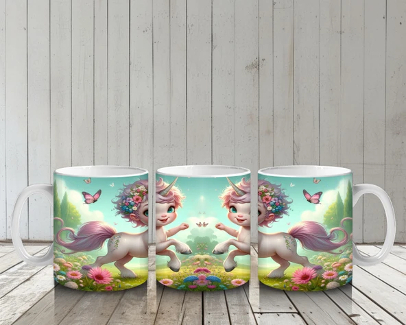 Çocuklara Sütü Sevdiren Çiçekli Taçlı Sevimli Unicorn Desenli Kupa Bardak - 6