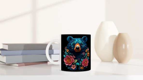 Gece Bahçesi Ayı Temalı Çiçekli Sanatsal Kupa Bardak - Resim 6