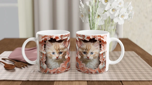 Duvarın Ardından Bakan Yavru Kedi Temalı Baskılı Kupa Bardak - Resim 5