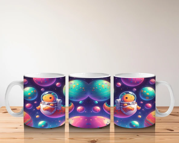 Çocuklara Sütü Sevdiren Astronot Dinozor ve Renkli Gezegenler Desenli Kupa Bardak - Resim 5