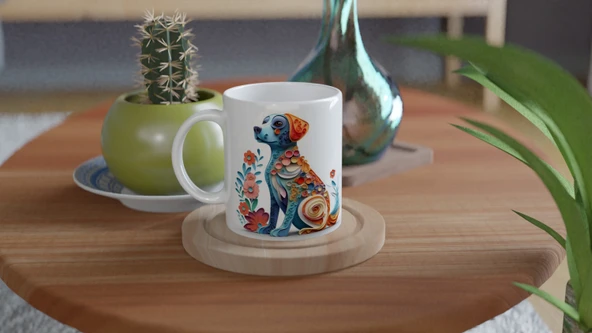 Renkli Çiçekli Zarif Köpek Tasarımlı Sanatsal Kupa Bardak - 4