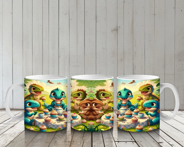 Çocuklara Sütü Sevdiren Cupcake Partisi Yapan Sevimli Dinozorlar Desenli Kupa Bardak - 6