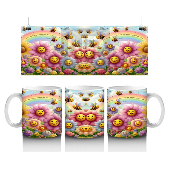 Çocuklara Sütü Sevdiren Gökkuşağı Altında Gülümseyen Çiçekler ve Uçuşan Arılar Desenli Kupa Bardak ürün görseli 1