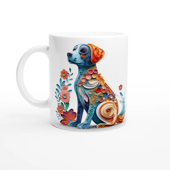 Renkli Çiçekli Zarif Köpek Tasarımlı Sanatsal Kupa Bardak