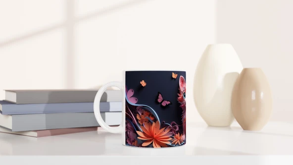 Renkli Çiçekler Arasında Neşeli Kedi ve Kelebekler Baskılı Kupa Bardak - Resim 6