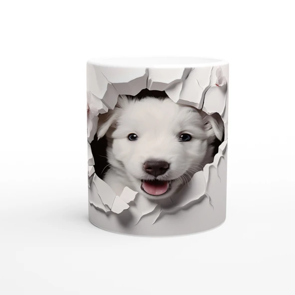 Gülümseyen Beyaz Yavru Köpek ve Kiraz Çiçekleri Baskılı Kupa Bardak ürün görseli 1