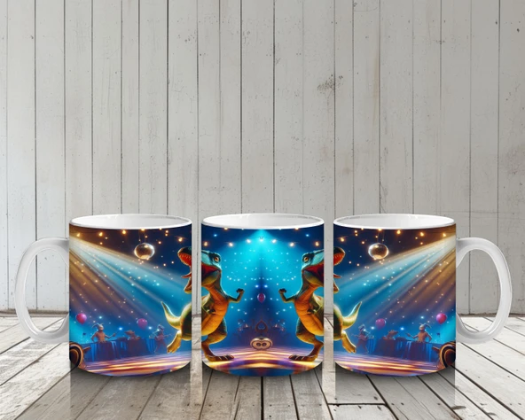 Çocuklara Sütü Sevdiren Disko Topu Altında Dans Eden Dinozor Desenli Kupa Bardak - 6