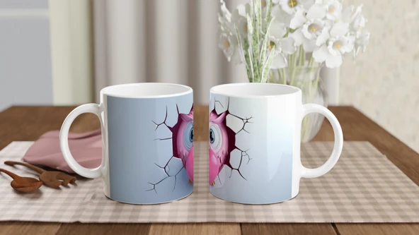 Pembe Kalp Tutan Baykuş Temalı Baskılı Kupa Bardak - Resim 5