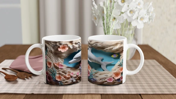 Mercan Bahçesindeki Neşeli Yunus Kupa Bardak - 5