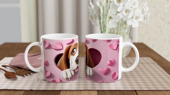 Kalpli Pembe Duvardan Bakan Basset Hound Temalı Baskılı Kupa Bardak - Resim 5