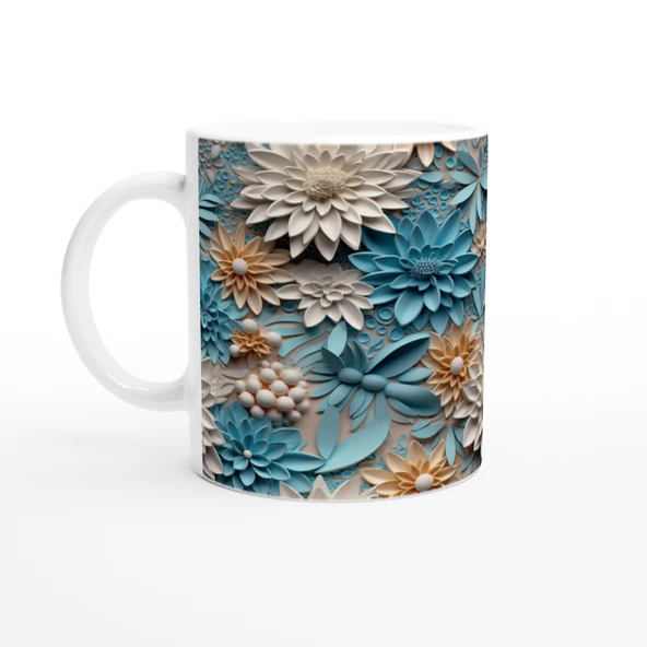 Pastel Mavi ve Krem Tonlu Çiçek Desenli Kupa Bardak ürün görseli 1