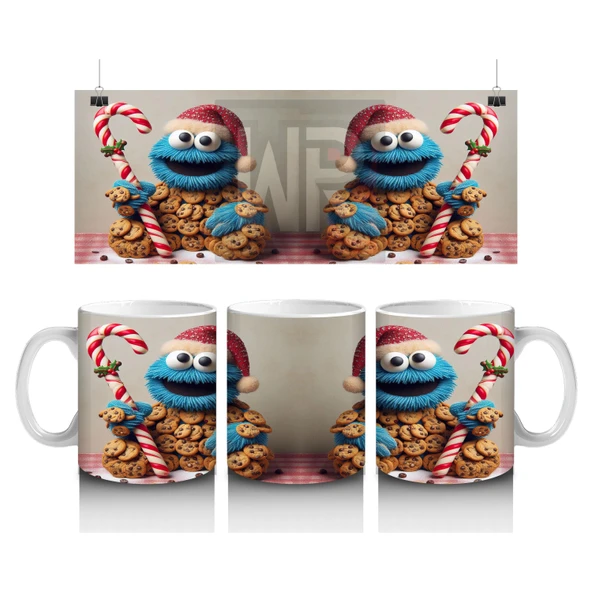 Çocuklara Sütü Sevdiren Kurabiye Canavarı ve Baston Şeker Desenli Kupa Bardak