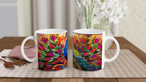 Gökkuşağı Kanatlı Tavus Kuşu Vitray Desenli Baskılı Kupa Bardak - 2 - Resim 5