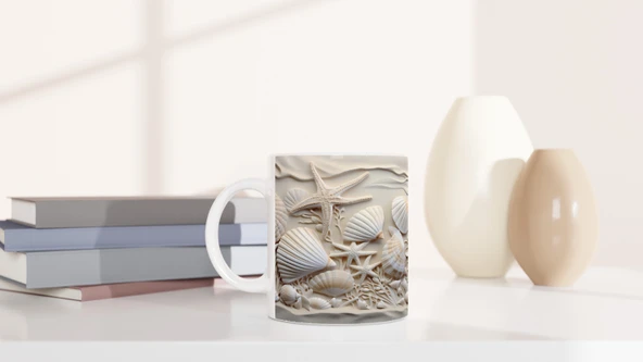 Mercanlar Arasında Deniz Kabuğu ve Yıldızlı Su Altı Temalı Kupa Bardak - Resim 6