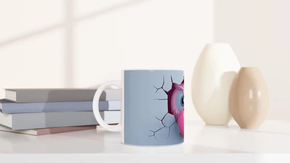 Pembe Kalp Tutan Baykuş Temalı Baskılı Kupa Bardak - Resim 6