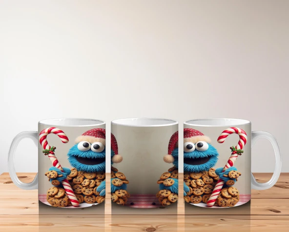 Çocuklara Sütü Sevdiren Kurabiye Canavarı ve Baston Şeker Desenli Kupa Bardak - 5